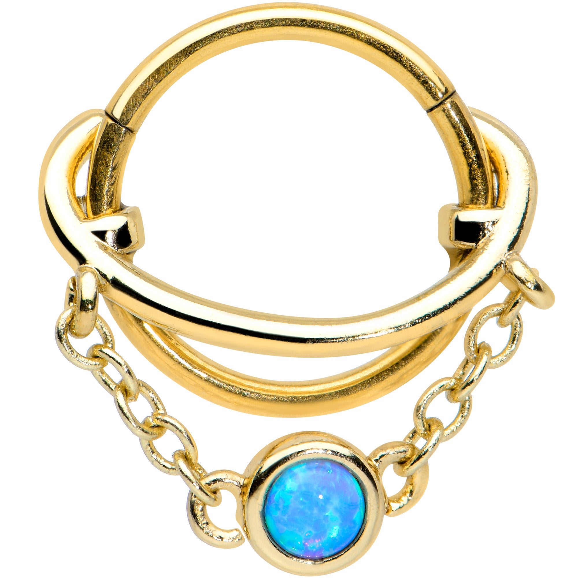 Image of 16 Gauge 3/8 Blue Synthetic Opal Gold Tone Saturn Hinged Segment Ring