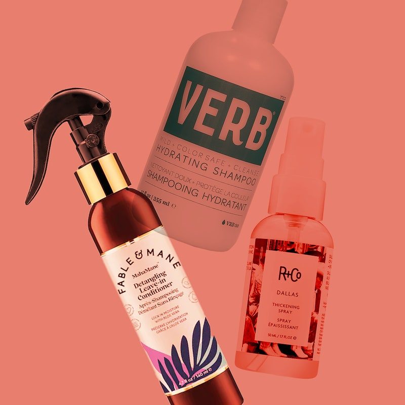 A collage of Fable & Mane, Verb, and R+Co hair products on orange background