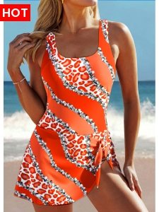 ROTITA Tie Orange Leopard One Piece Swimdress