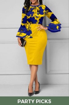 Floral Print Contrast Binding Yellow Long Sleeve Dress