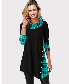 Cowl Neck Plaid Print Asymmetric Hem T Shirt 