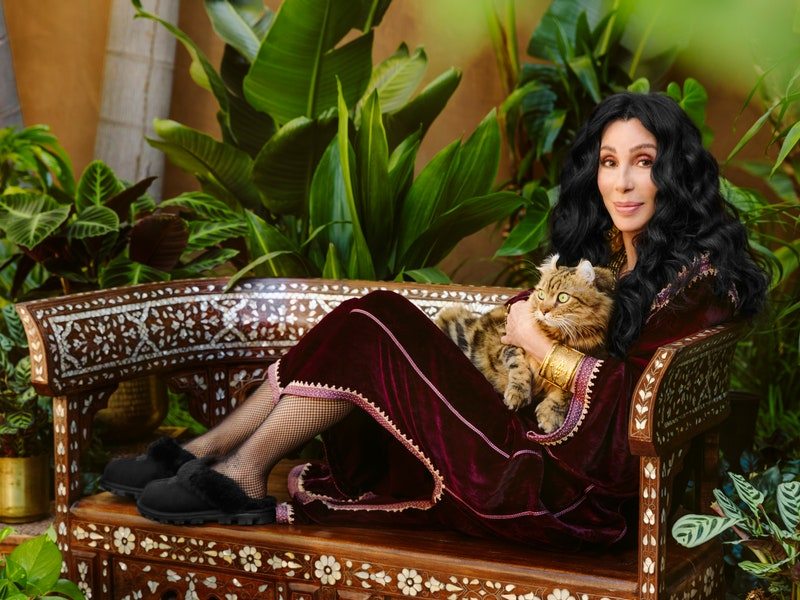 Image may contain: Cher, Furniture, Plant, Footwear, Clothing, Shoe, Apparel, Human, and Person