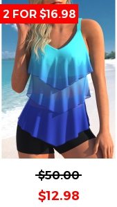 Mesh Ombre Cyan Layered Hem Tankini Top