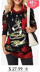 Cowl Neck Christmas Long Sleeve Star Print T Shirt