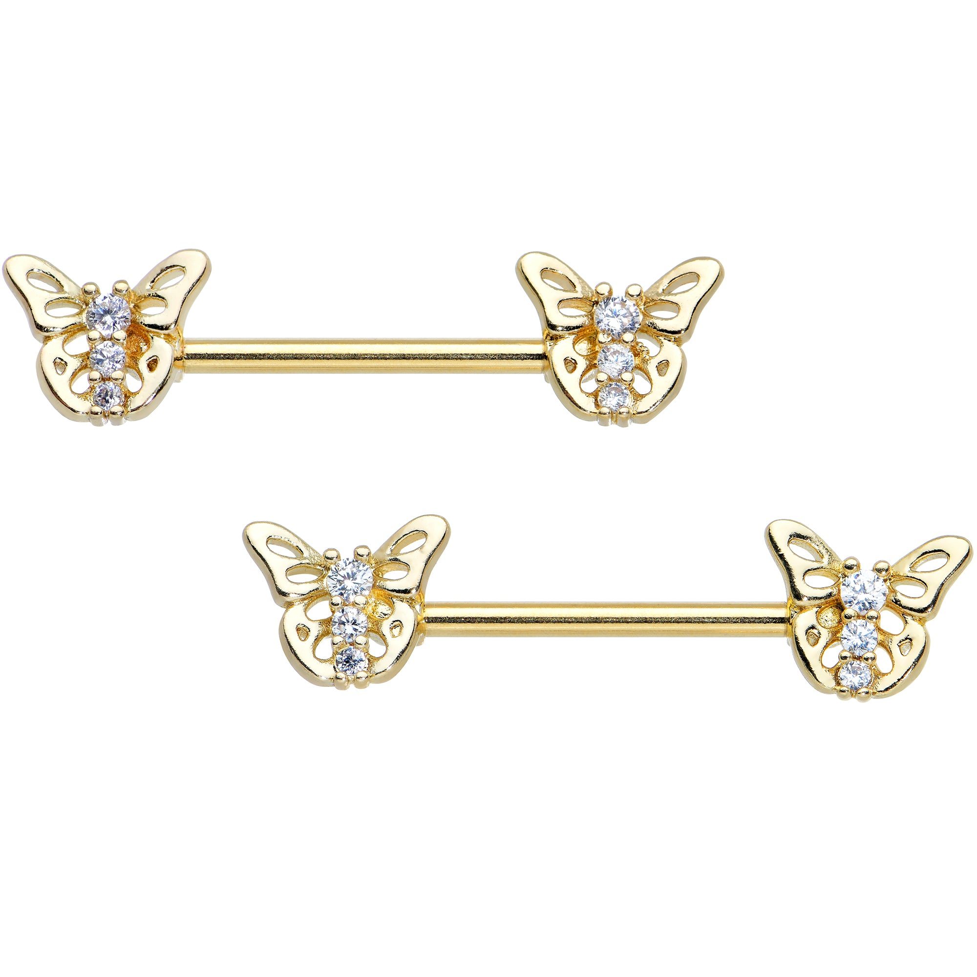 Image of 14 Gauge 9/16 Clear CZ Gem Gold Tone Open Butterfly Nipple Ring Set