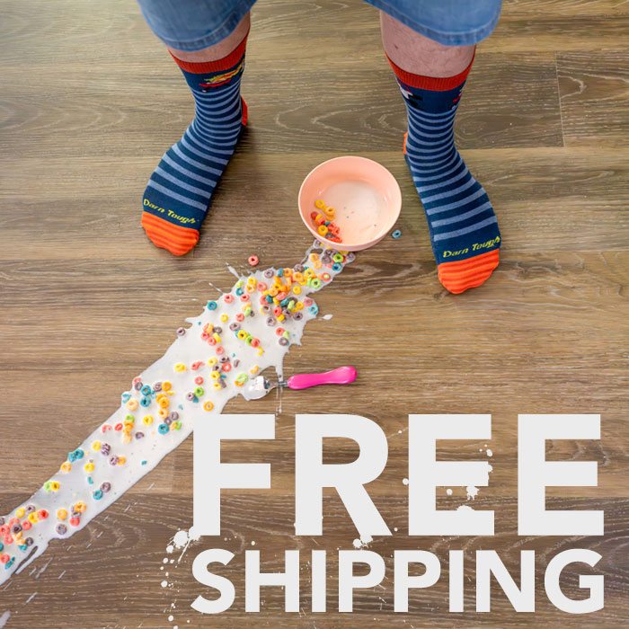 Shop with Free Shipping - sock-wearing feet stand in front of a mess of spilled cereal and milk