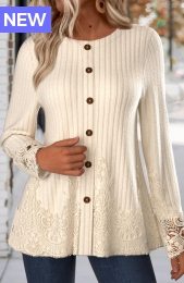 Beige Embroidery Long Sleeve Round Neck T Shirt