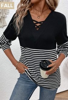 ROTITA Criss Cross Striped Black V Neck T Shirt