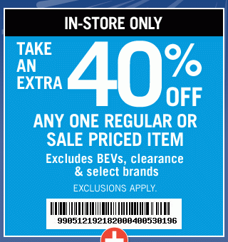 40% Off One Item | In-Store Only | Get Coupon | Exclusions Apply