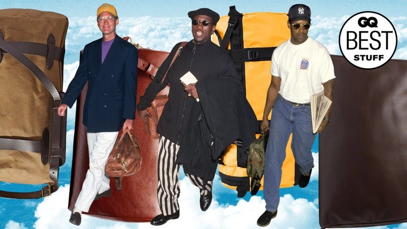 A collage of Denzel Washington, David Letterman, Wesley Snipes, all carrying duffel bags on a background of duffel bags and clouds