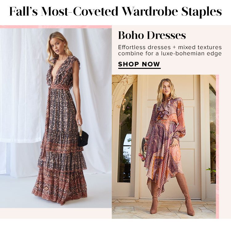 Boho Dresses. Effortless dresses + mixed textures combine for a luxe-bohemian edge. Shop Now.