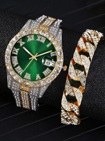 2 Pcs/Set Alloy Diamond Quartz Watch Bracelet