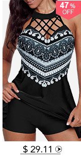 Cutout Back Cage Neck Geometric Print Swimdress and Shorts