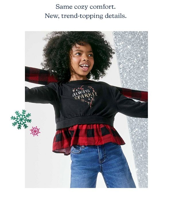 Same cozy comfort. New, trend-topping details. Model wearing evsie clothing.