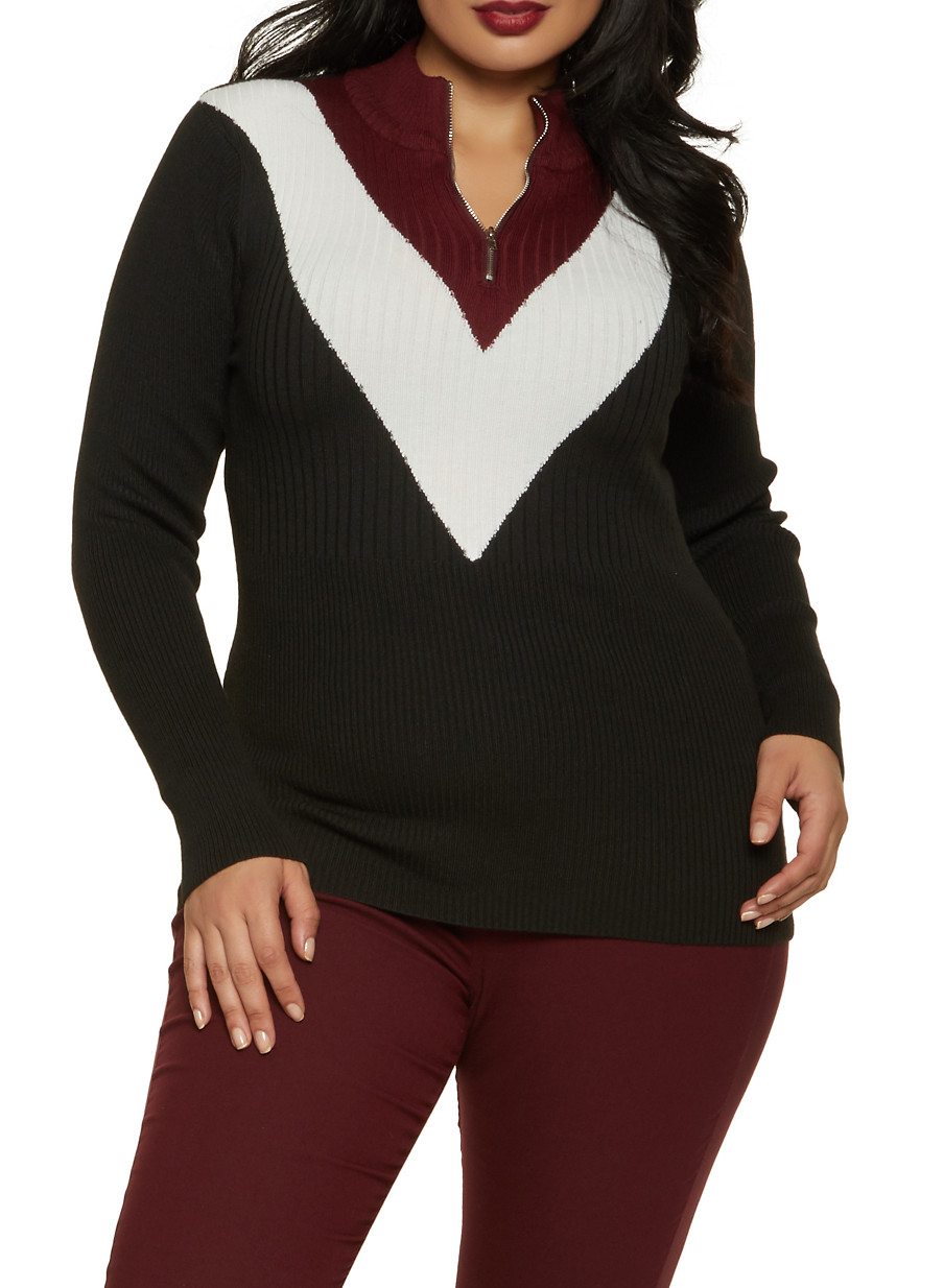 Plus Size Chevron Zip Neck Sweater