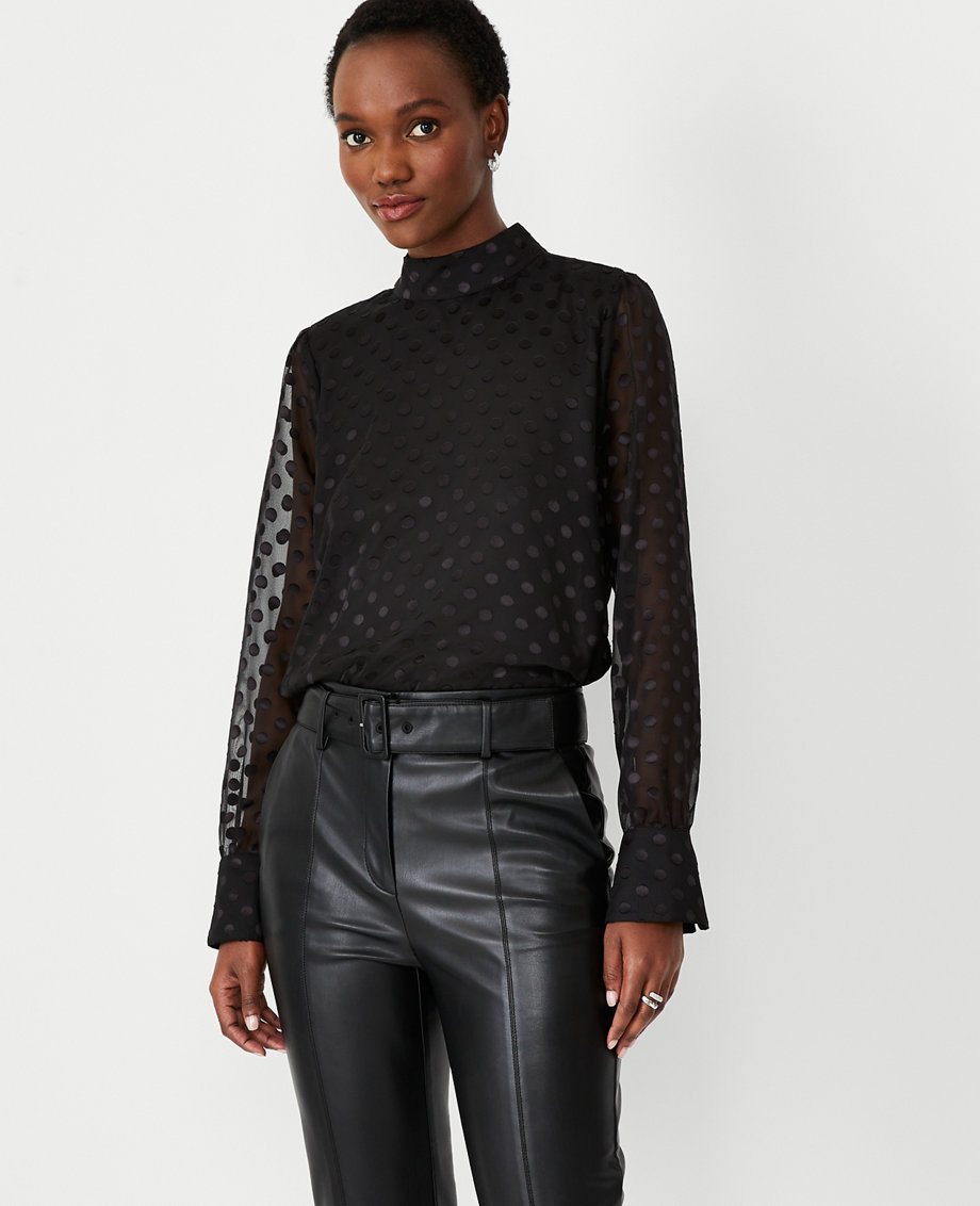 Dot Shirred Mock Neck Top