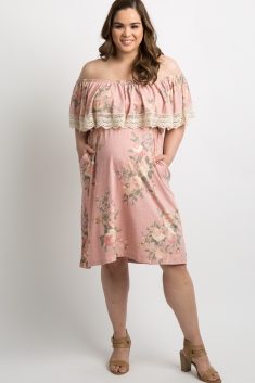 Pink Faded Floral Ruffle Crochet Trim Plus Maternity Midi Dress