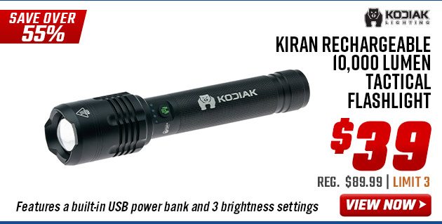 Kodiak Kiran Rechargeable 10,000 Lumen Tactical Flashlight