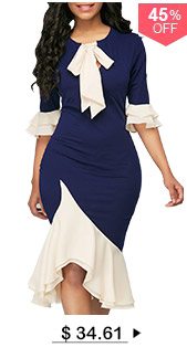 Tie Neck Frill Hem Flare Cuff Sheath Dress