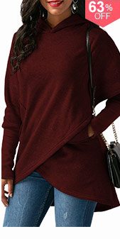 Long Sleeve Asymmetric Hem Wine Red Pocket Hoodie