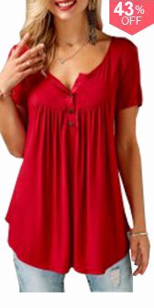 Split Neck Short Sleeve Red Curved Blouse