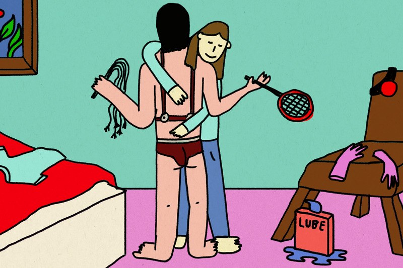 A clothed lady lovingly embraces her BDSM clad partner weilding a whip and a badminton racket. She gently lets him know she's not interested, but still loves him.