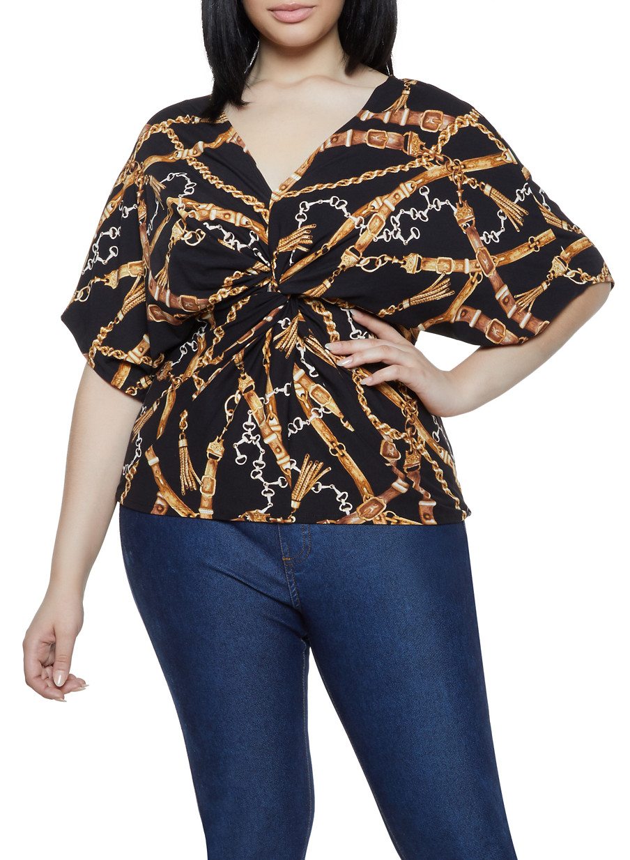 Plus Size Twist Front Chain Print Top