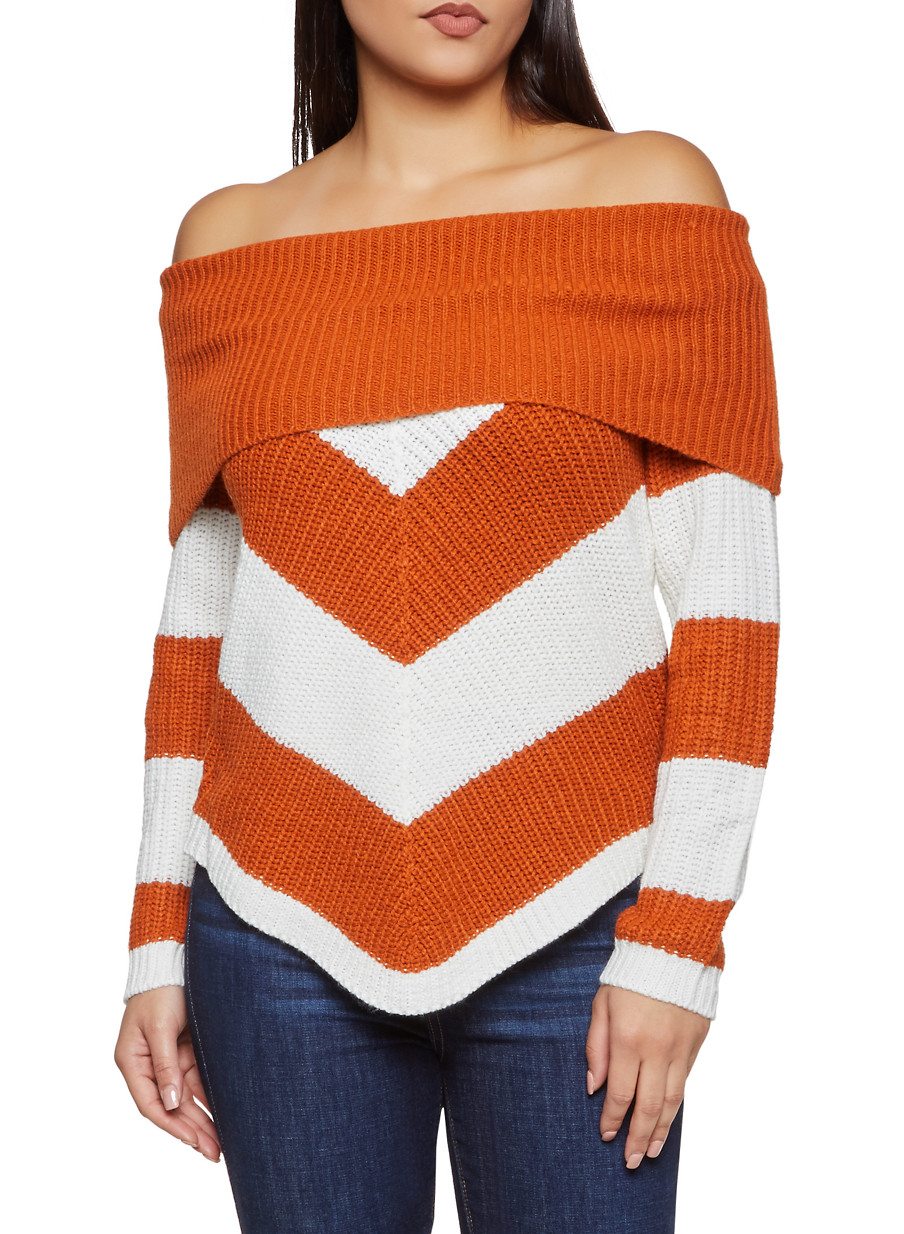 Chevron Lace Up Back Off the Shoulder Sweater