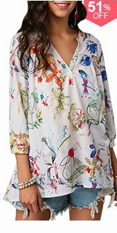 Printed Three Quarter Sleeve Button Neck Blouse