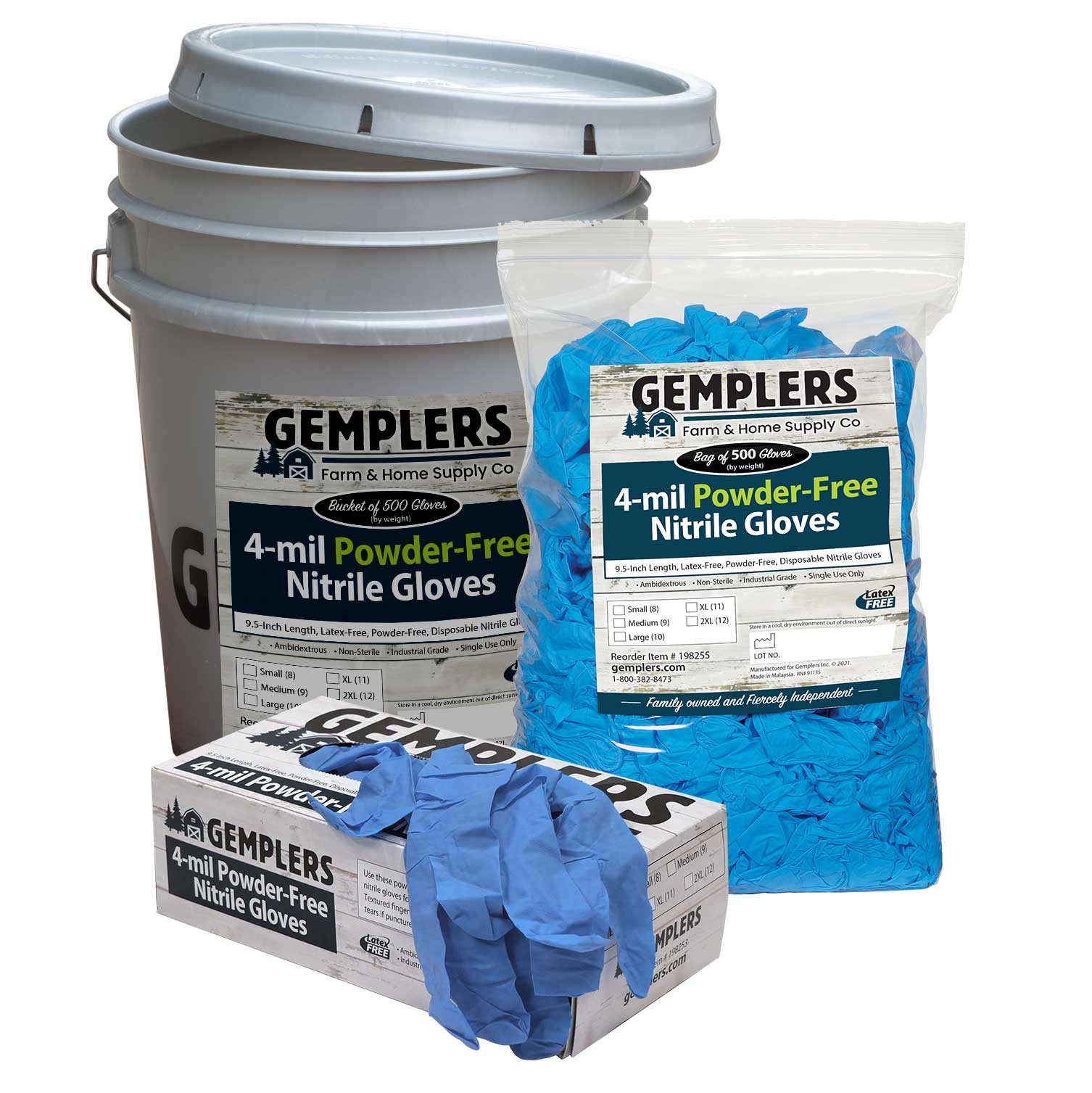 Gemplers Nitrile 4-mil 100-count box, 500-count bag & bucket