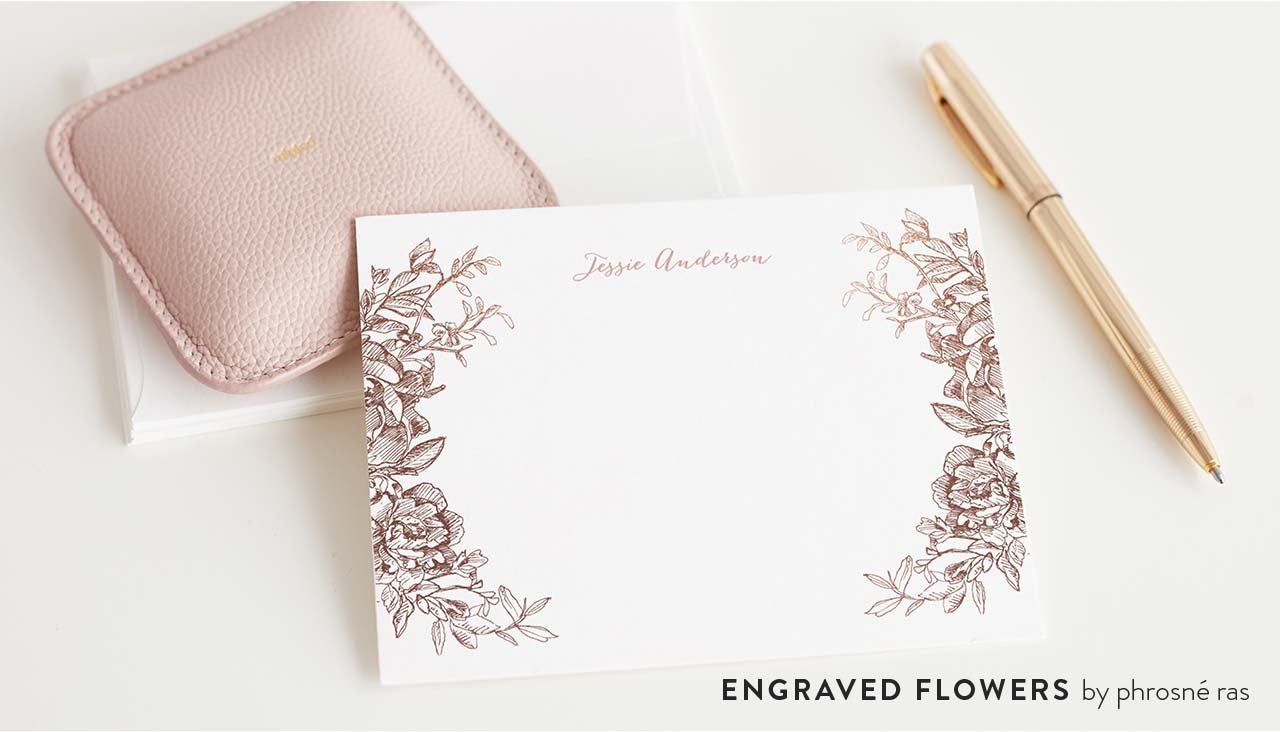 Engraved Flowers Personalized Stationery by Phrosne Ras, Blush Paperweight by Minted