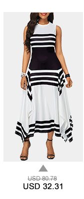 Stripe Print Asymmetric Hem Sleeveless Midi Dress