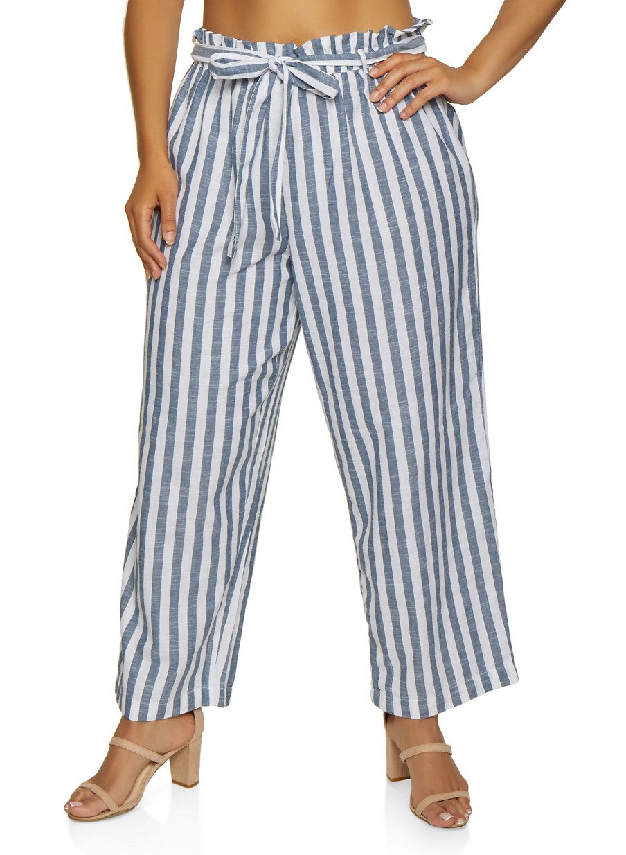 Plus Size Tie Waist Striped Linen Pants