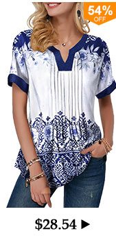 Retro Print Split Neck Pleated Blouse