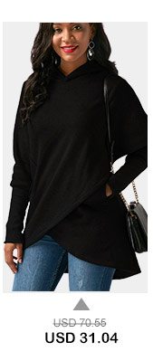 Pocket Black Asymmetric Hem Long Sleeve Hoodie