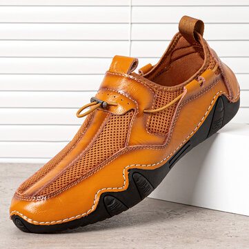 Menico Men Cowhide Leather Breathable Elastic Band Driving Casual Shoes