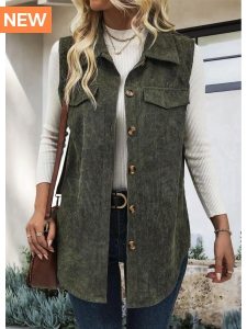 ROTITA Patchwork Olive Green Shirt Collar Sleeveless Waistcoat