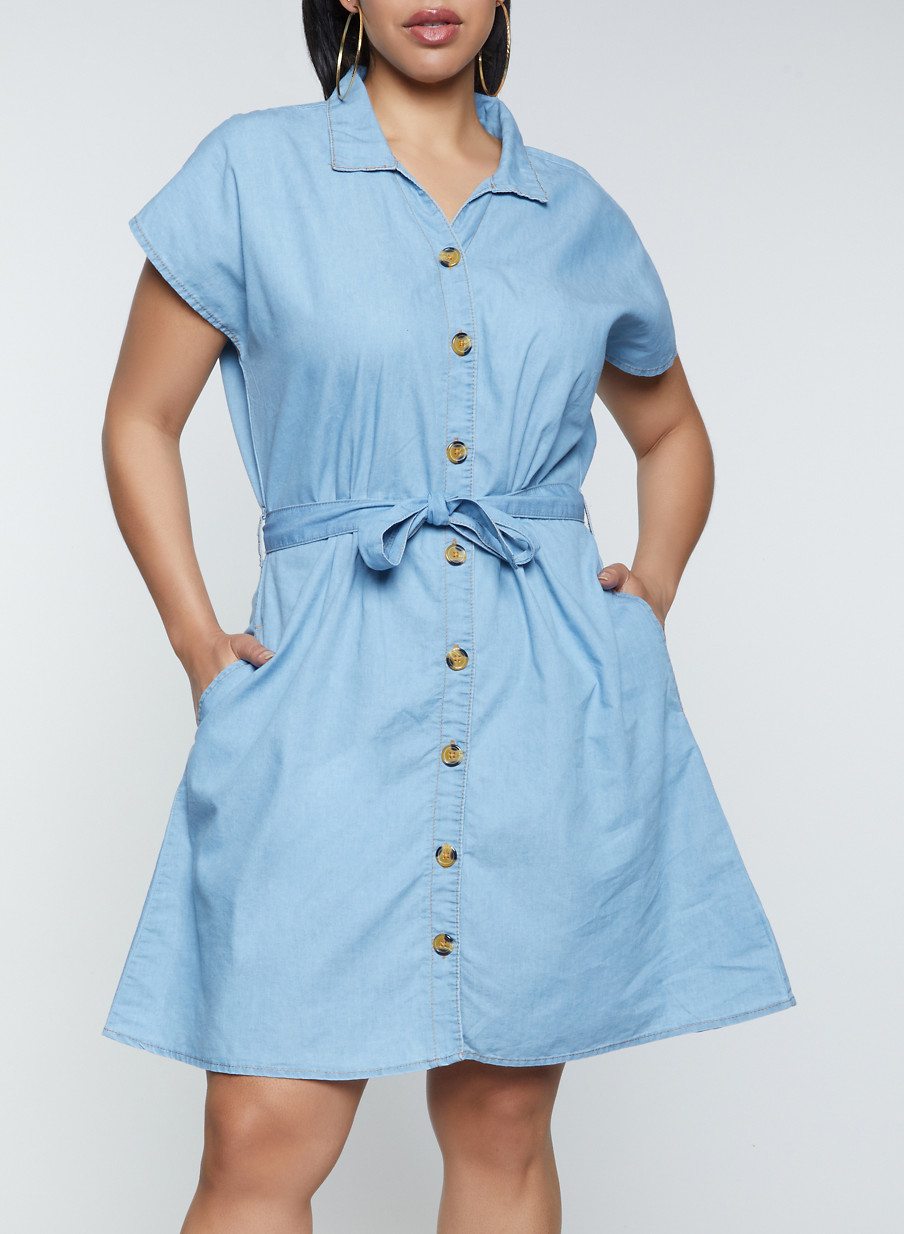 Plus Size Denim Dress Tie Waist