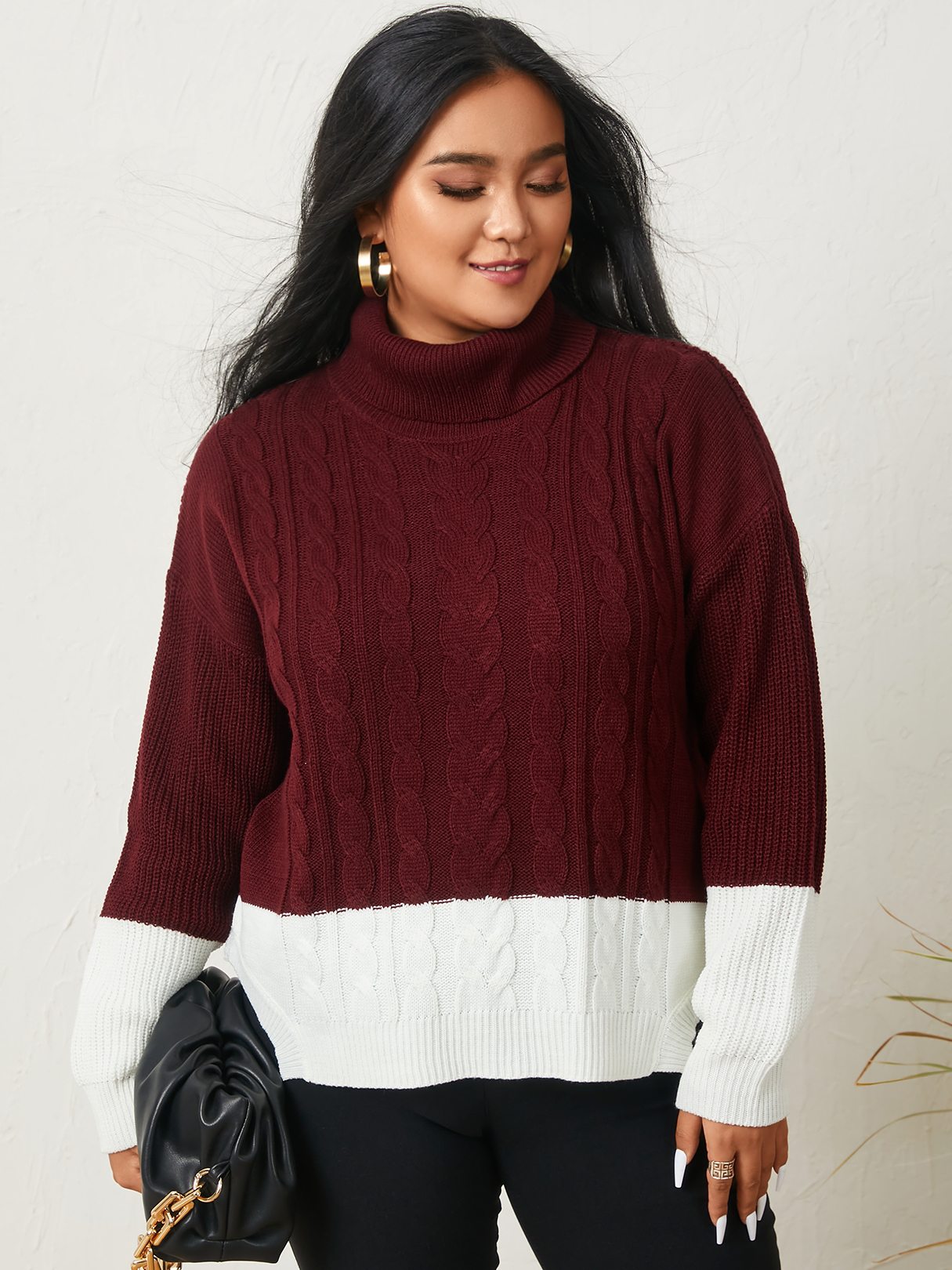 Plus Size Turtleneck Color Block Long Sleeves Sweater