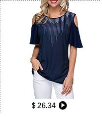 Round Neck Cold Shoulder Navy Blue T Shirt