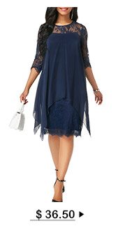 Three Quarter Sleeve Chiffon Overlay Navy Lace Dress