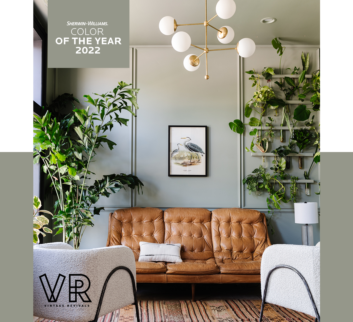 Sherwin-Williams Color of the Year 2022. Vintage Revivals living room painted in Evergreen Fog.