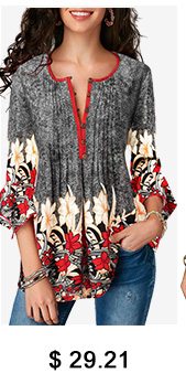 Printed Button Up Pleated Three Quarter Sleeve Blouse