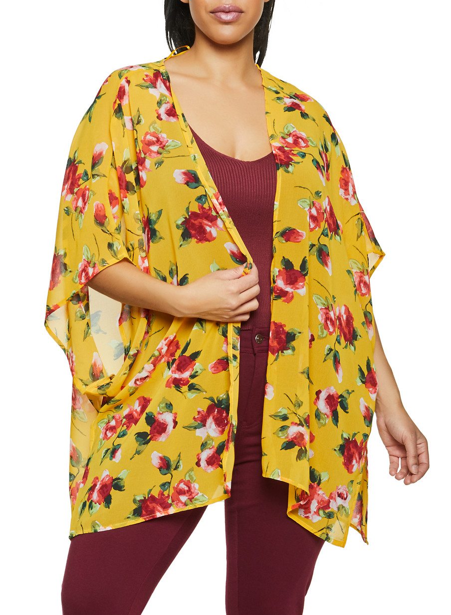 Plus Size Floral Crepe Knit Kimono