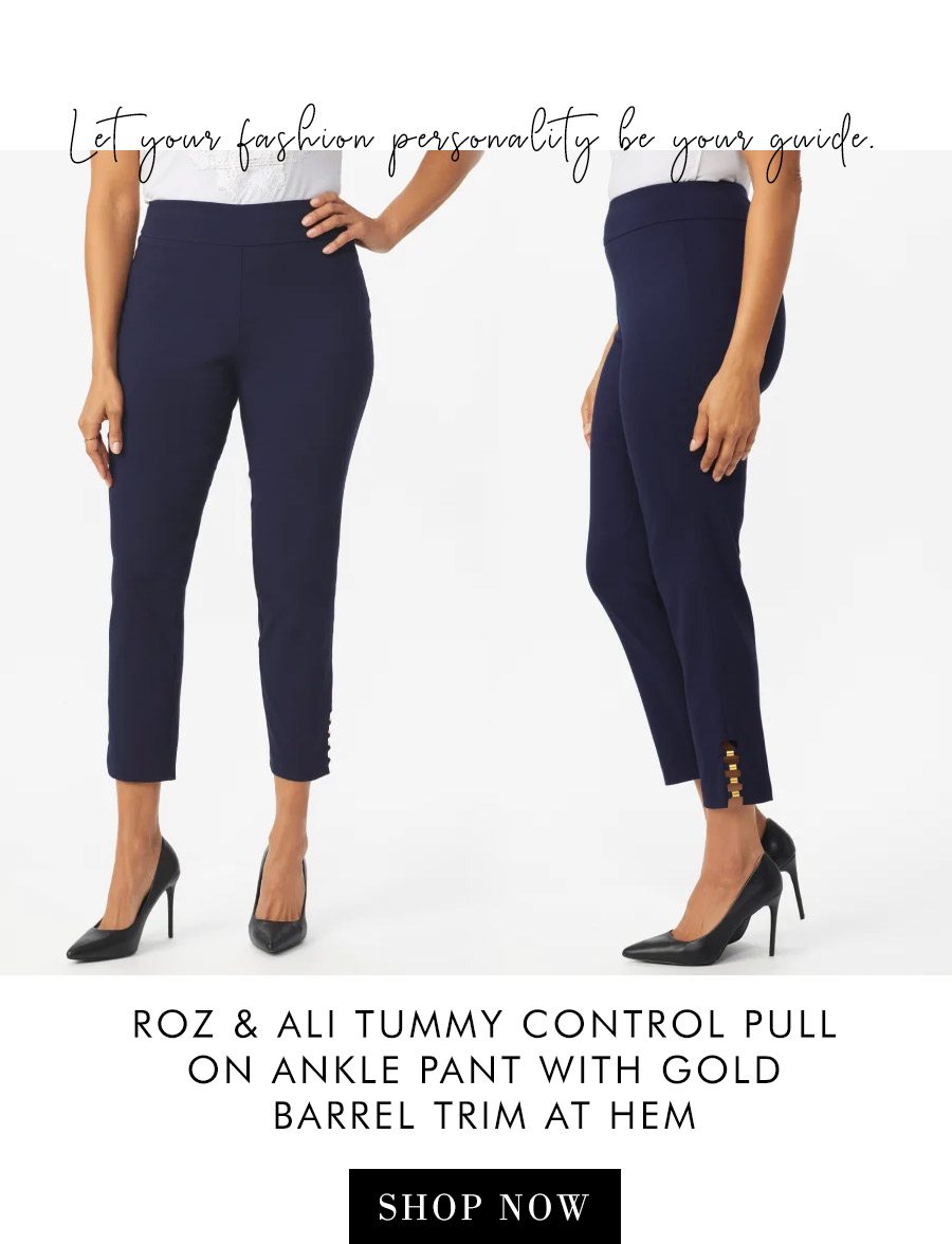 ROZ & ALI TUMMY CONTROL PULL ON ANKLE PANT WITH GOLD BARREL TRIM AT HEM - MISSES