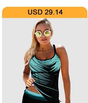 Strappy Back Cyan Palm Leaf Print Tankini Set 