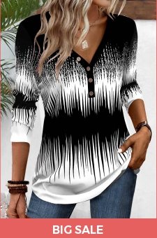 ROTITA Patchwork Ombre Black V Neck Long Sleeve T Shirt