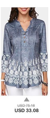 Split Neck Button Detail Printed Pleated Blouse