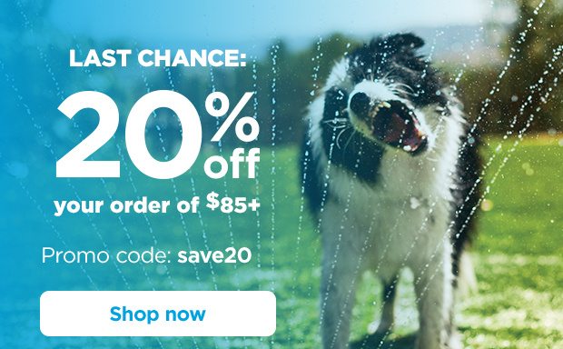 Last chance: 20% off your order of $85+. Promo code: save20. Shop now.