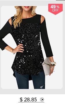 Black Curved Hem Sequin Embellished Cold Shoulder T Shirt